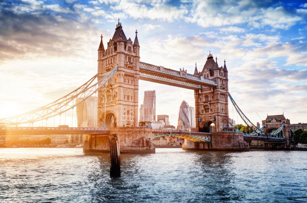 Tower Bridge over the river during sunrise