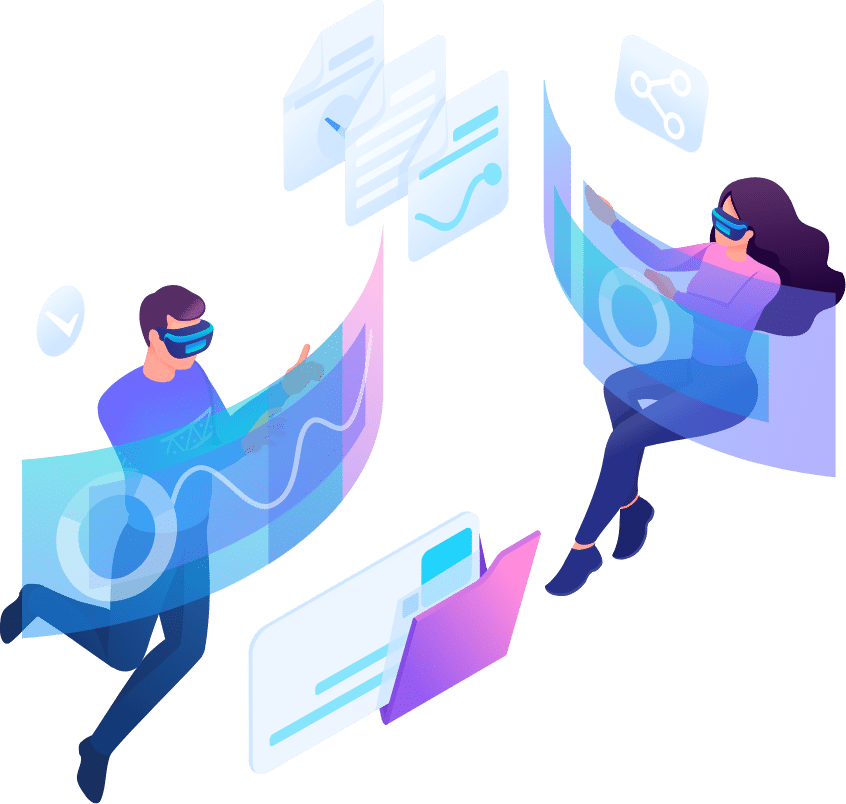 Graphics of a man and woman floating with their screen